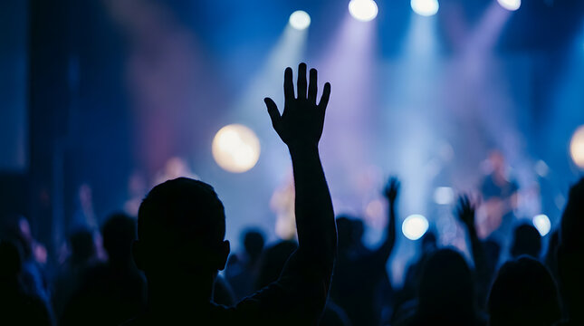 Silhouette of a person with their hand raised in a concert crowd with blue lights shining