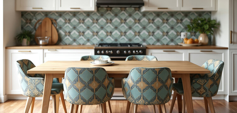 Modern kitchen area with light wood table and patterned chairs. White cabinets and tile backsplash create a clean bright space. Cozy interior for dining and meals.