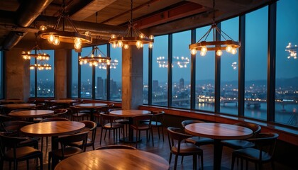 Fototapeta premium Industrial style restaurant interior with round wooden tables and chairs. Five circular chandeliers hang from ceiling. Large windows show city lights view at dusk. Ambiance is modern and upscale.