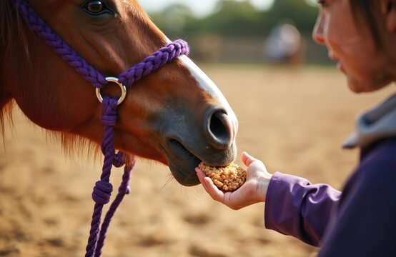 Person feeds horse treat from hand. Equine animal eats food, shows trust, connection with owner. Close up on horse nose, purple halter, and human hand. Farm, ranch scene.
