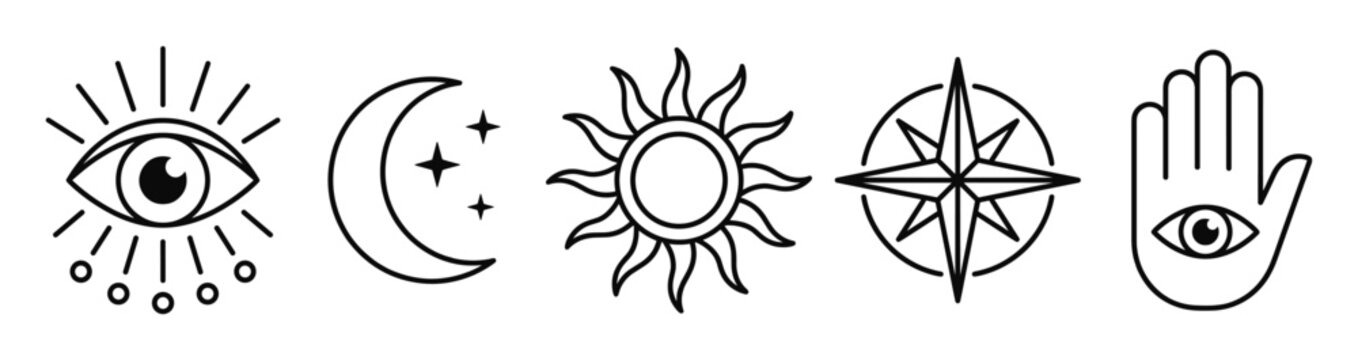 Mystical celestial symbols vector icons: all-seeing eye, moon, sun, compass, hamsa. Ideal for spiritual, bohemian, esoteric designs and branding projects.