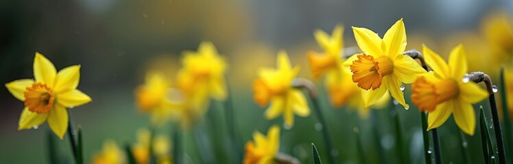 Fototapeta premium Yellow daffodils bloom on a wet winter day. Small bright flowers show first signs of spring. Water drops on petals. Nature awakens after cold season.