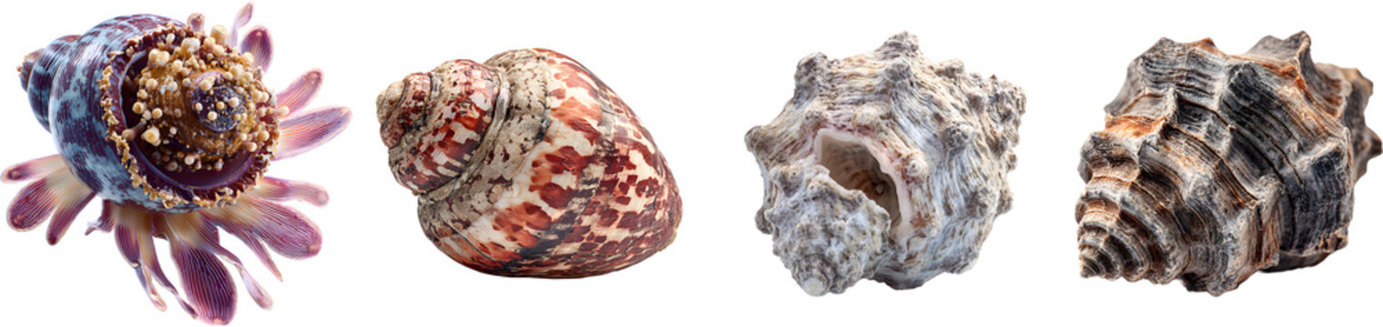 Four Different Hermit crab with several sea shells on sandy beach natural marine coastal scene


