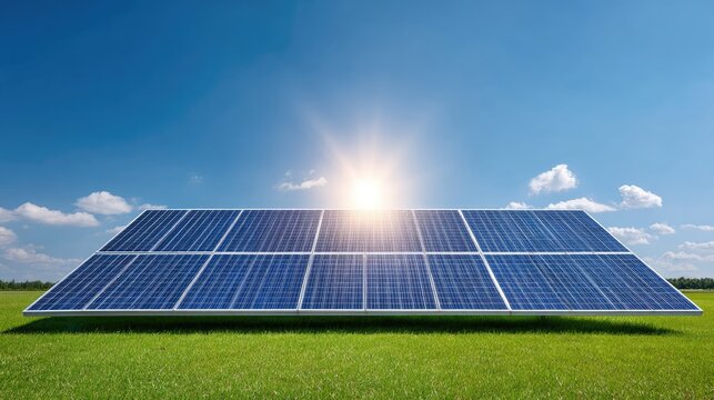Solar Panel Array on Green Grass Field Under Bright Sky with Sunlight and Fluffy Clouds for Clean Energy Concept