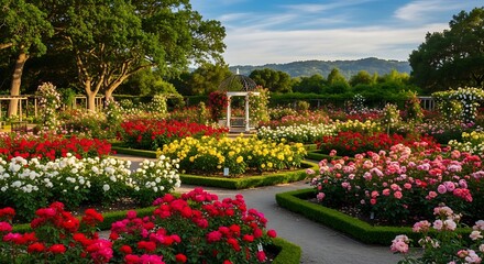 Obraz premium Vibrant flower garden with colorful blooms and lush greenery under blue sky