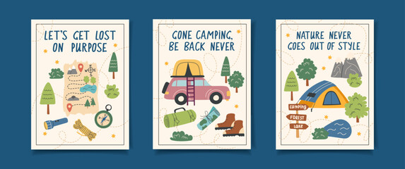 Fototapeta premium Set of camping posters with travel objects6. Vector flat collection of cards. The concept of travel, camping, hiking and outdoor recreation.