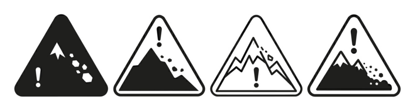 Vector set of black and white landslide and rockfall warning signs. Ideal for safety advisories, travel apps, hazard warnings, and outdoor sports guides.