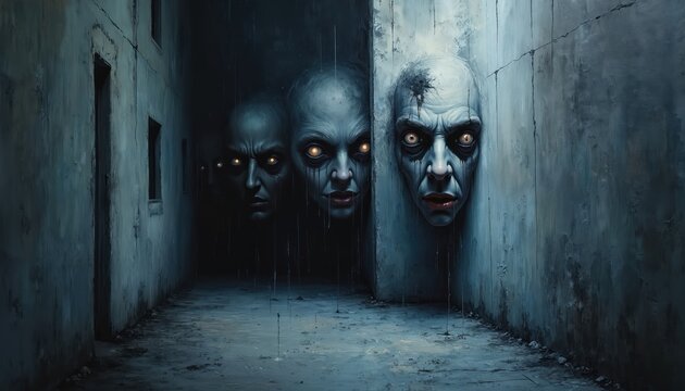 Dark eerie alley with three ghostly faces appearing from walls. Glowing eyes stare from the shadows. Spooky atmosphere for horror or mystery.