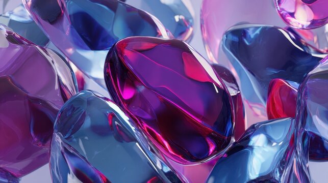 premium Abstract background with glossy 3D organic shapes in vibrant purple and blue hues, refractive liquid glass texture background
