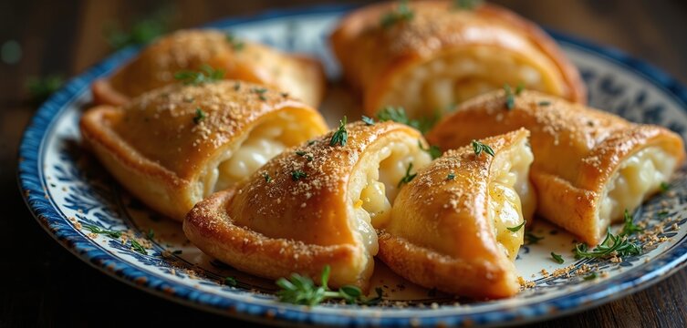Golden fatayer pastries stuffed with cheese and herbs sit on a decorative plate. These baked delights are sprinkled with breadcrumbs and fresh greens, offering a savory snack.