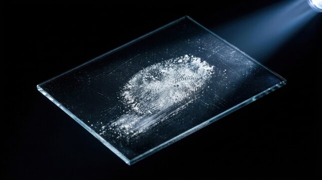 Fingerprint evidence on glass plate with white powder, forensic science investigation, crime scene analysis under a blue spotlight, criminal identification and biometric security concept