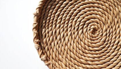 Obraz premium Close up view of woven straw plate with coiled pattern. Natural fiber texture shows detailed craftsmanship. Boho decor element with braided edge detail on white background.