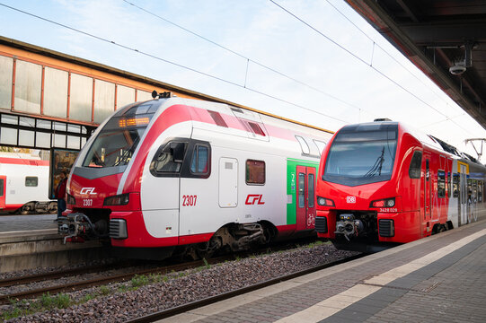 Train of CFL Luxembourg at railway station in Trier, Germany, modern public transportation, infrastructure between european border country