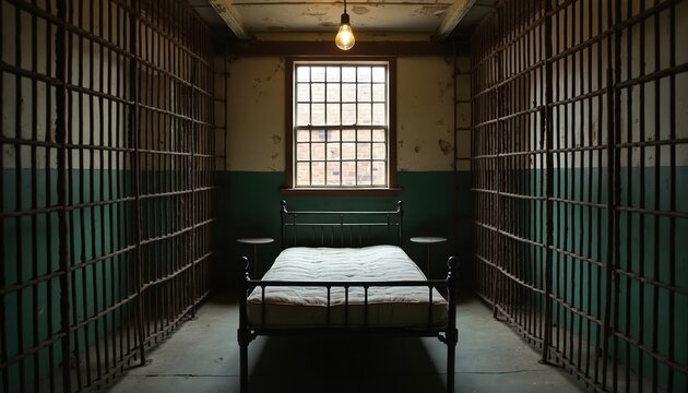 Old western jail cell interior with metal bars and a simple cot. A barred window lets in daylight illuminating the sparse room with a single light bulb overhead.
