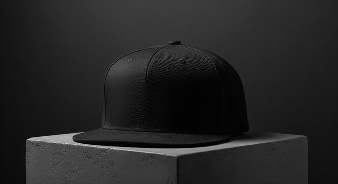 Blank Black Flat Brim Snapback Hat Mockup on Concrete Podium
