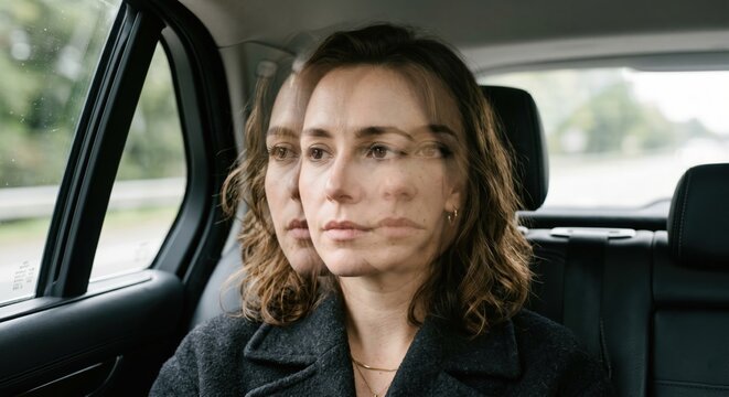 A close up of a face with layered exposures and slight blur showing fragmented vision, motion sickness dizziness perception