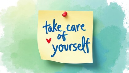 Obraz premium Yellow sticky note pinned on watercolor background. Handwritten text says take care of yourself with small red heart. Positive message concept for self-love and mental health awareness.