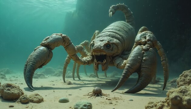Giant sea scorpion lunges at small trilobite on seabed. Huge predator attacks tiny ancient marine creature. Prehistoric underwater battle scene unfolds on sandy ocean floor. Natural history