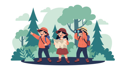 Naklejka premium Group of adventurous children exploring a lush green forest while using a paper map and binoculars for a fun outdoor scouting activity.