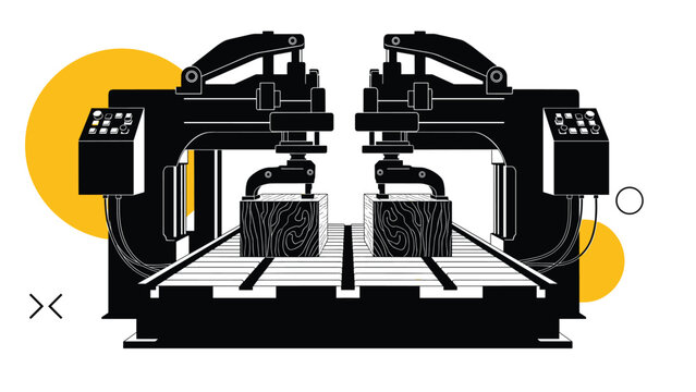 Industrial woodworking machinery illustration showing twin hydraulic presses processing wooden blocks on a conveyor belt in a factory setting.
