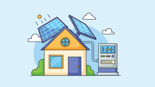 Residential home equipped with solar panels on the roof connected to an external energy storage system for sustainable living concepts.
