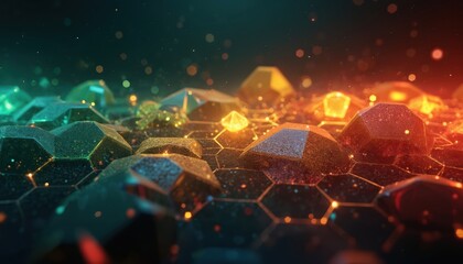 Fototapeta premium Abstract geometric shapes in hexagonal grid with glowing particles. Futuristic digital background with vibrant color transitions from blue to orange.
