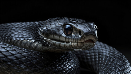 Fototapeta premium A hyper-realistic, close-up portrait of a dark, metallic-scaled snake with large, reflective black eyes and intricate head plating, coiled against a stark black background.