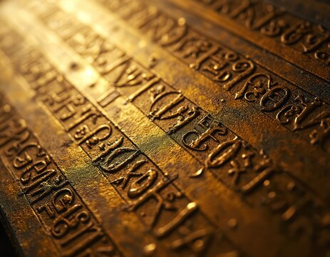 Ancient Egyptian hieroglyphs carved on a golden plate. Intricate symbols and signs detail old pharaonic text from an antique tomb. This artifact shows rich history culture.