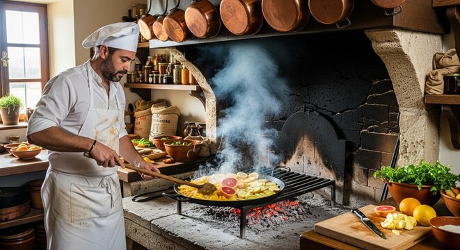 Chef cooking in a rustic kitchen preparing food with vegetables and fruits over a coal fire in a black pan