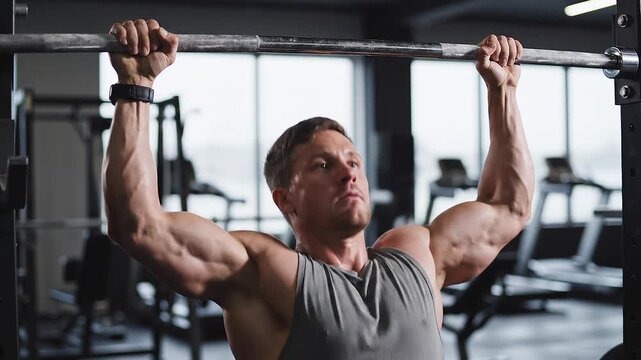 Man doing back squats in gym.