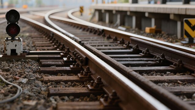Close up of railway turnout with rails and sleepers, representing rail infrastructure, track switching system, transport logistics and direction choice concept