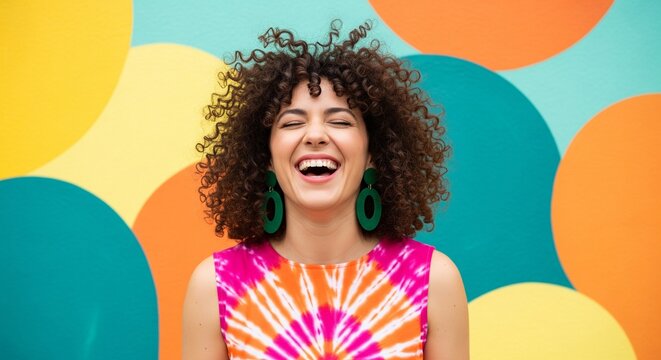 Curly haired woman laughing with tie dye shirt in front of colorful circles background; joyful expression; vibrant colors