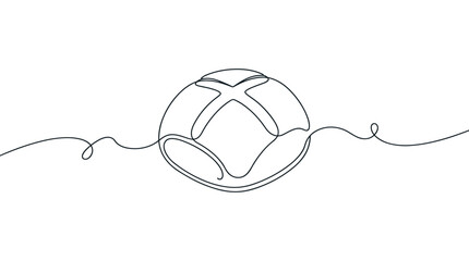 Obraz premium Minimalist continuous line drawing of a loaf of bread with a cross shape on top, symbolizing food and baking