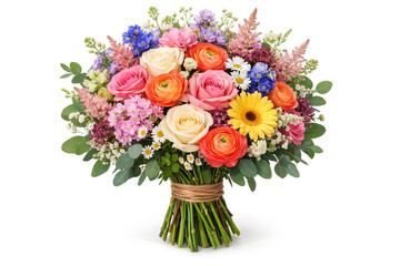 Fototapeta premium Elegant pastel flower bouquet with roses, ranunculus and eucalyptus, soft natural light and blurred background creating romantic, delicate floral composition for weddings decor
