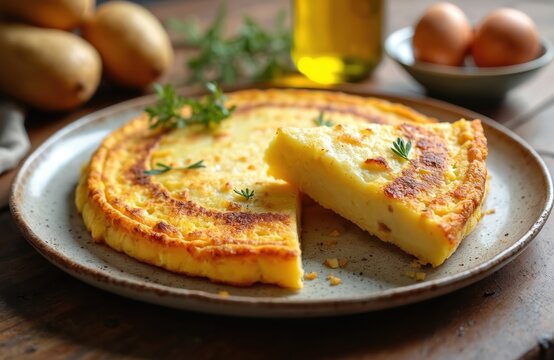 Savory Spanish omelette on ceramic plate with potato, egg ingredients. Golden-brown crust, fluffy yellow inside, garnished with herbs. Served on rustic wood table.