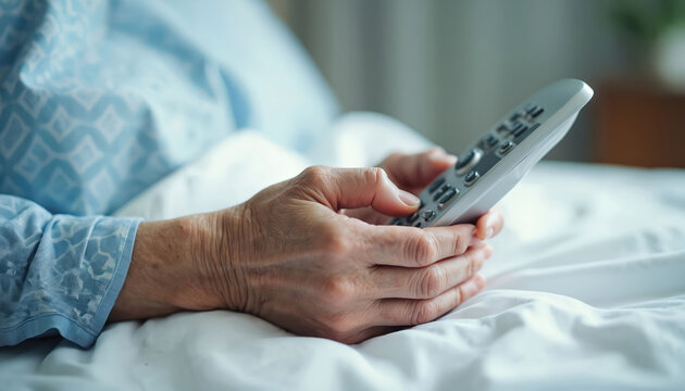 Elderly hands hold TV remote in hospital bed. Patient uses device for entertainment and control. Senior enjoys leisure time while recovering in room.