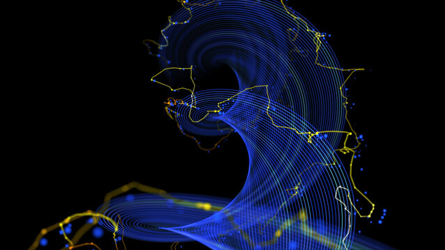 Abstract background from  spiral grid of force field with chaotic noisy line connecting dots. Concept technology, science and medical visualisation.