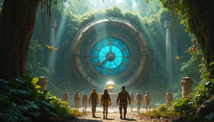 Fototapeta premium Group of explorers approaches giant clock in overgrown jungle ruins. Birds fly near ancient stone structure with mystical blue light. Sunlight rays shine through forest canopy onto adventurers.