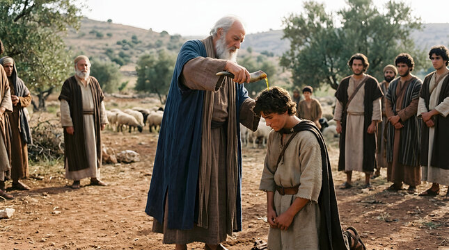 Biblical scene of an elderly man anointing a young boy with oil while others watch in a rural setting with sheep and trees