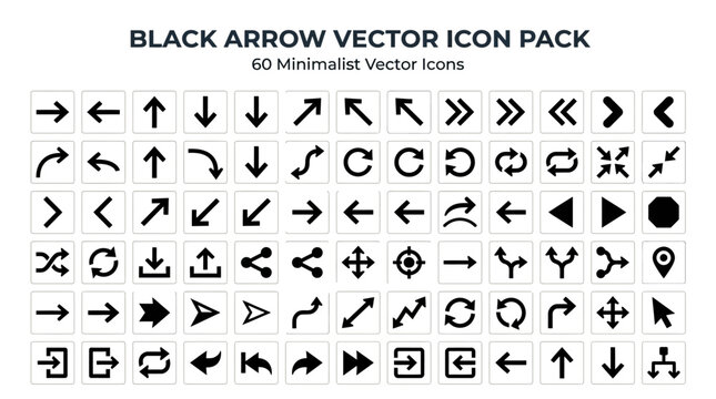 60 Minimalist Black Arrow Vector Icons Set for Navigation and UI Design