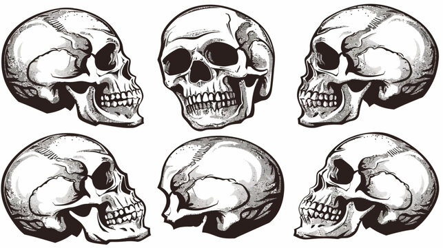 Six stylized grayscale skulls, showing various angles. Hand-drawn look with detailed shading