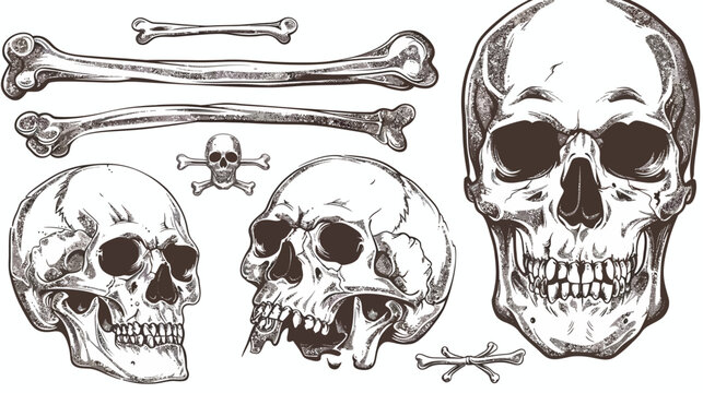 Line art illustration of human skulls and bones, depicting anatomy, death, and mortality