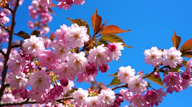 Beautiful pink cherry blossoms on branches with lush copper leaves against a bright blue sky.