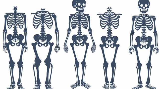 Stylized depictions of the human skeletal system, various poses, dark blue, on a white background