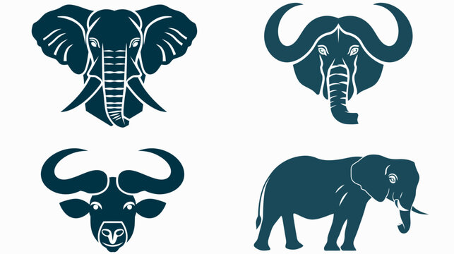 Collection of stylized illustrations featuring the African wildlife elephants and a water buffalo