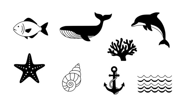 Ocean and marine life vector icon set for nautical and summer design on white background