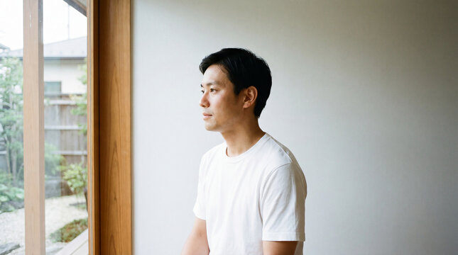 portrait of a young man staring otu the window