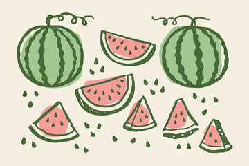 Obraz premium Watermelon set naive doodle vector illustration