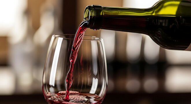 Elegant red wine being poured from a green bottle into a clear wine glass, capturing the rich color and luxurious ambiance, perfect for fine dining and celebrations.