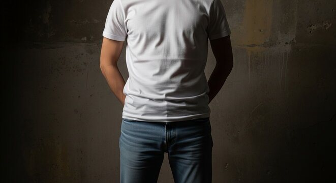 Man in white t-shirt and blue jeans with hands behind back against textured concrete wall backdrop